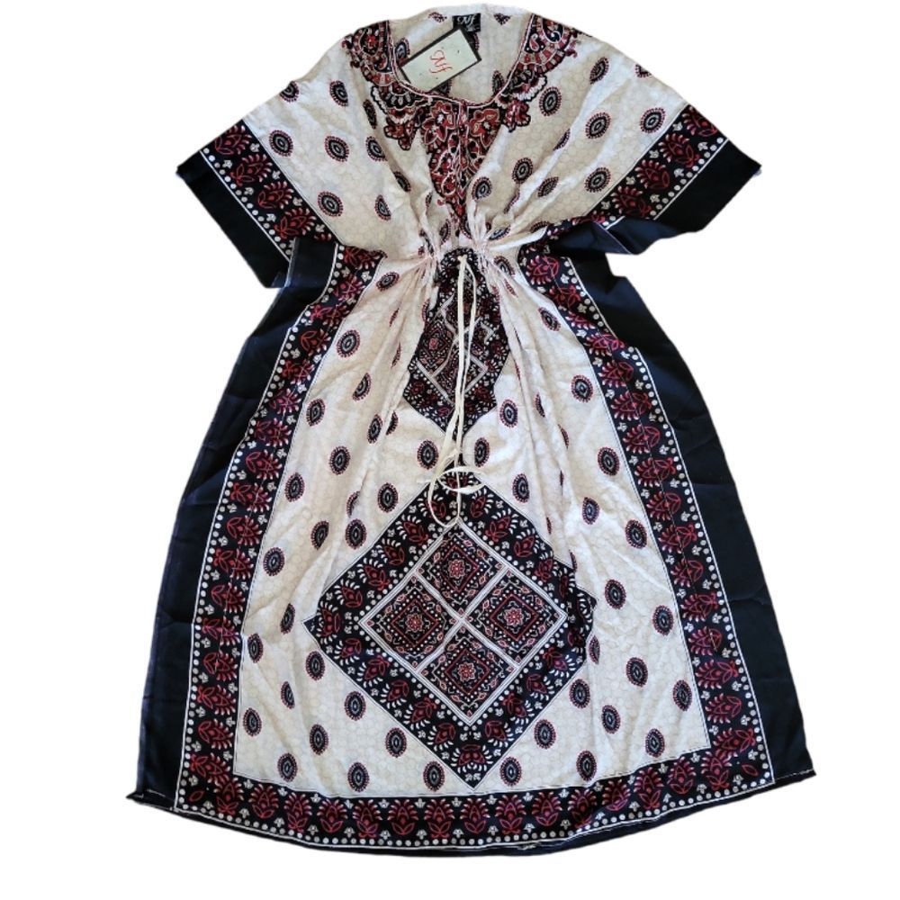 NF Kaftan Dress Womens Free Size Black White Red Boho Print Drawstring Waist NEW